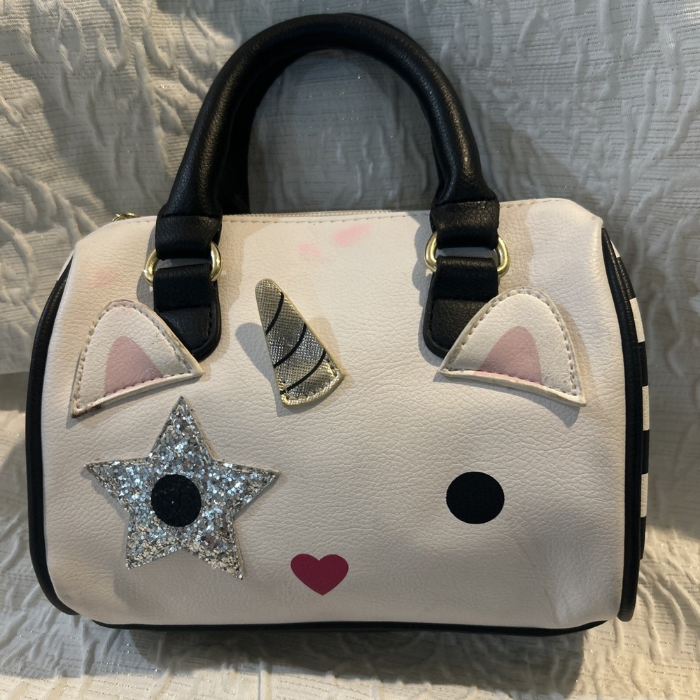 Luv Betsey Johnson White Black Unicorn Mini Small Girls Barrel Purse/Handbag